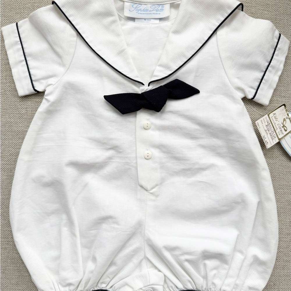 White and Navy Sailor Bodysuit with Black Bow